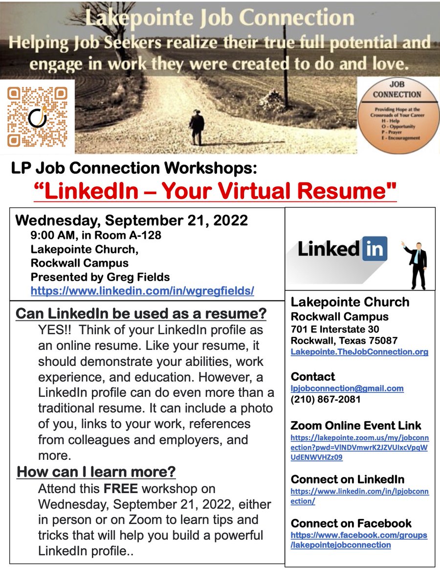 lpjobconnection's tweet photo. LP Job Connection Workshops:
“LinkedIn – Your Virtual Resume"
Wednesday, September 21, 2022, 9:00 AM
Lakepointe Church, Rockwall Campus
Presented by Greg Fields 
Website - https://t.co/gXQZTZ1O8h 
Facebook - https://t.co/cCCigckeBW
LinkedIn - https://t.co/eB2BKIg6YS https://t.co/PrMfb60PV9