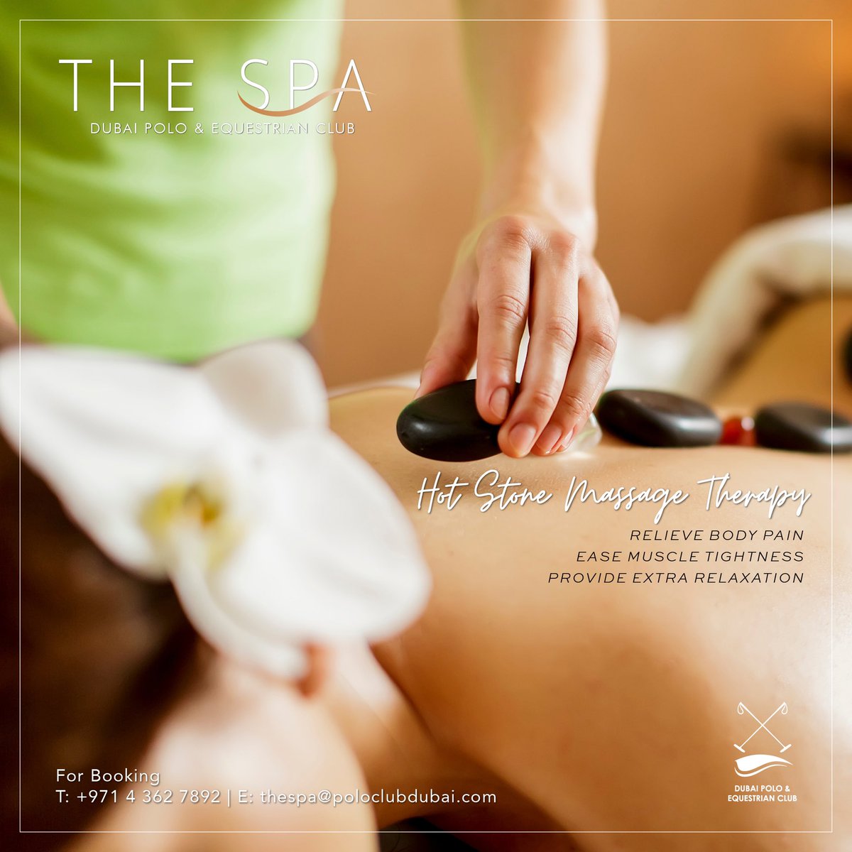 Plan for a rejuvenating weekend and choose Hot Stone Massage Therapy at The Spa. While all types of massage can help relieve pain caused by tense muscles, this is unique since it may provide greater relief if muscles are extremely tight. For bookings, contact +971 4 3627892