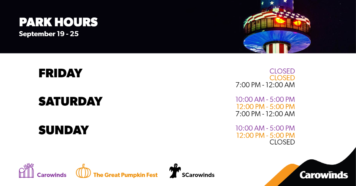 Carowinds on Twitter "🗓️ Carowinds, The Great Pumpkin Fest, and SCarowinds hours for