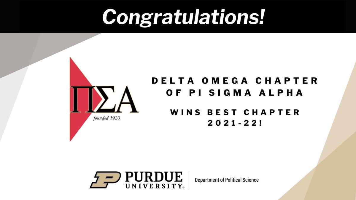 Congratulations to <a href="/Purdue_PSA/">Purdue Pi Sig</a>, the Delta Omega chapter of @PSANational, &amp; faculty advisor Professor Melissa Will for being named the best Chapter for 2021-22 for the 7th year since 2013! Keep up the amazing work! #PurduePoliticalScience #BoilerUp