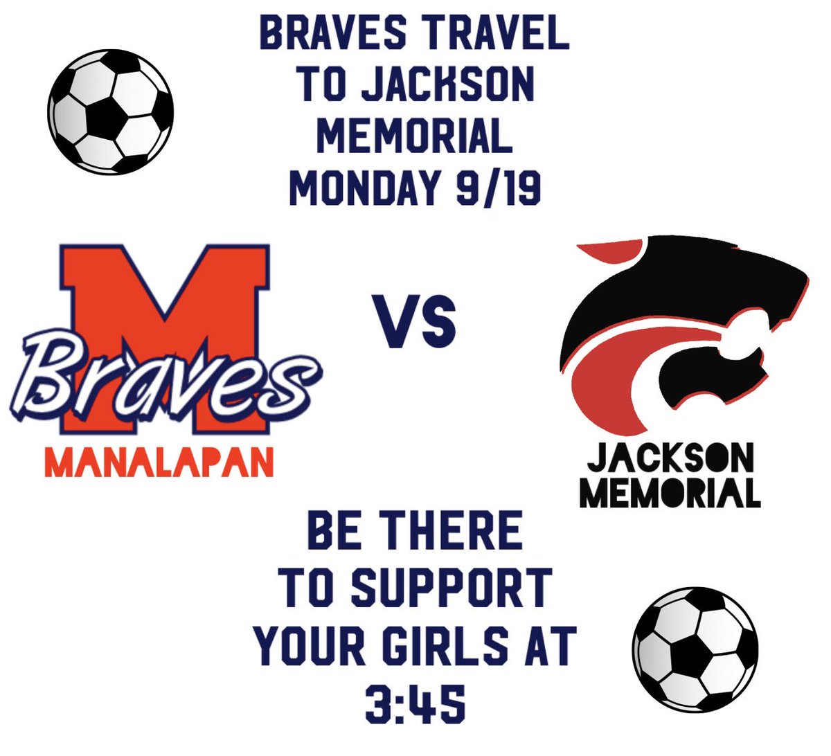 GAME DAY⚽️ 
Braves on the road to face Jackson Memorial today. Looking to build off of Saturdays win. Let’s Go Braves!