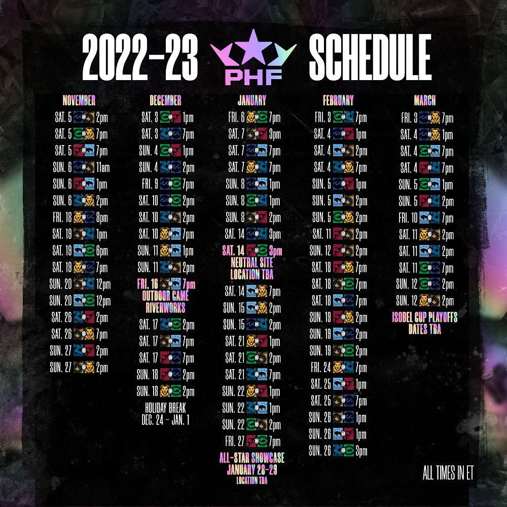 PHF's tweet photo. GAME ON 🏒

The Premier Hockey Federation in association with its seven member clubs has announced the official 2022-23 regular season schedule.

🗓️ Full Details https://t.co/5iEnz1LNpf https://t.co/IsXC0Fmb4C
