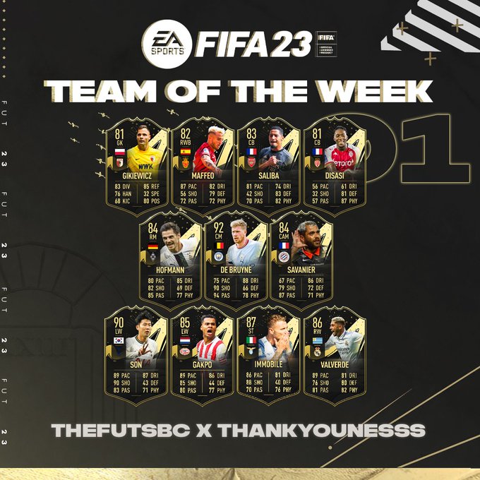 TheFUTSBC's tweet photo. 📢 Some of the biggest performers over the weekend can feature in a TOTW1 inbound this Wednesday ✅

3⚽️ - Son
2🅰️ - De Bruyne
1⚽️/CS - Saliba

Any of these take your fancy 👀

#FIFA23 #TOTW1 #FIFA https://t.co/MAAKwuFZnc