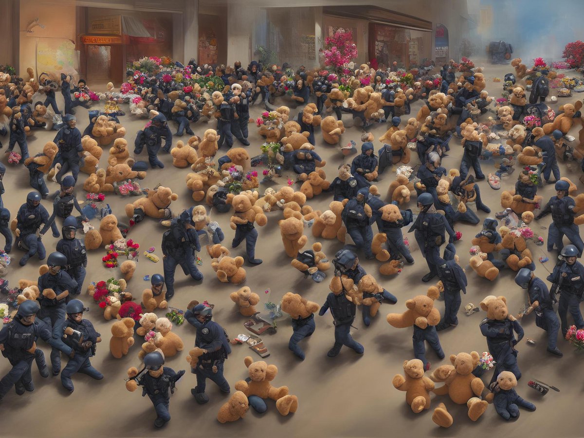 Enforcement = riot police and user rights are teddy bears. <a href="/nsmangal/">Natasha Mangal</a> and @DanielHolznagel with their AI generated images depicting the title of the 2nd panel at the #FilteredFutures conference: