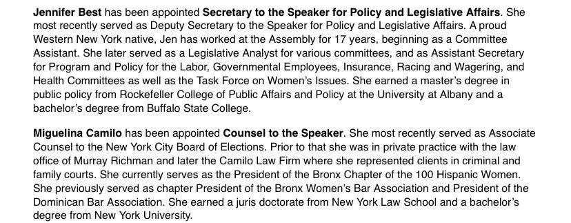 .@CarlHeastie announces staff changes: 

Jennifer Best takes over for LouAnn Ciccone, who is retiring after 30 years.

And this is quite interesting…@Camilo4NY is appointed Counsel to the Speaker after losing her <a href="/bronxdems/">Bronx Democratic Party</a> backed bid to unseat <a href="/NYSenatorRivera/">Gustavo Rivera</a>