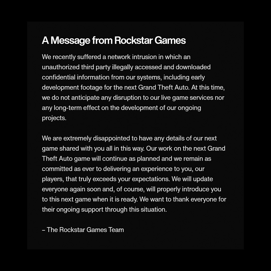 Rockstar Games on X: A Message from Rockstar Games   / X