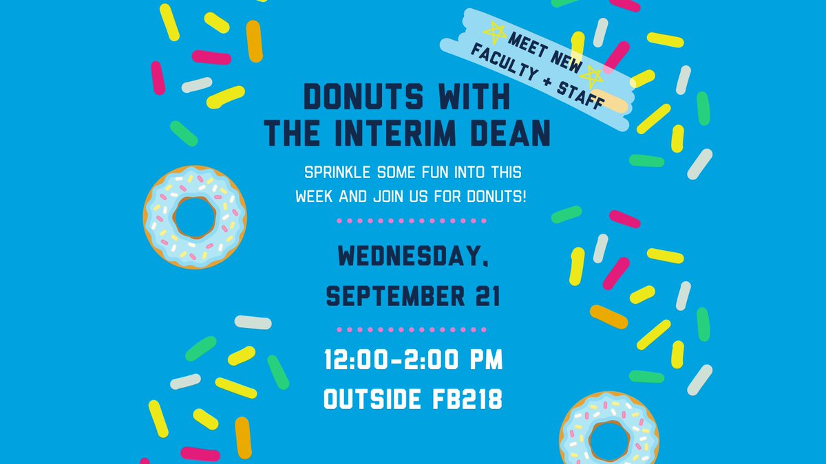 ButlerCCom's tweet photo. Don't miss your chance to enjoy "Donuts with the Dean" this Wednesday from 12 - 2 PM outside the 2nd floor Dean’s suite in Fairbanks. You'll get the opportunity to meet our new faculty and staff, chat with other students and sprinkle a little fun in your day! https://t.co/g0lkE3LFku