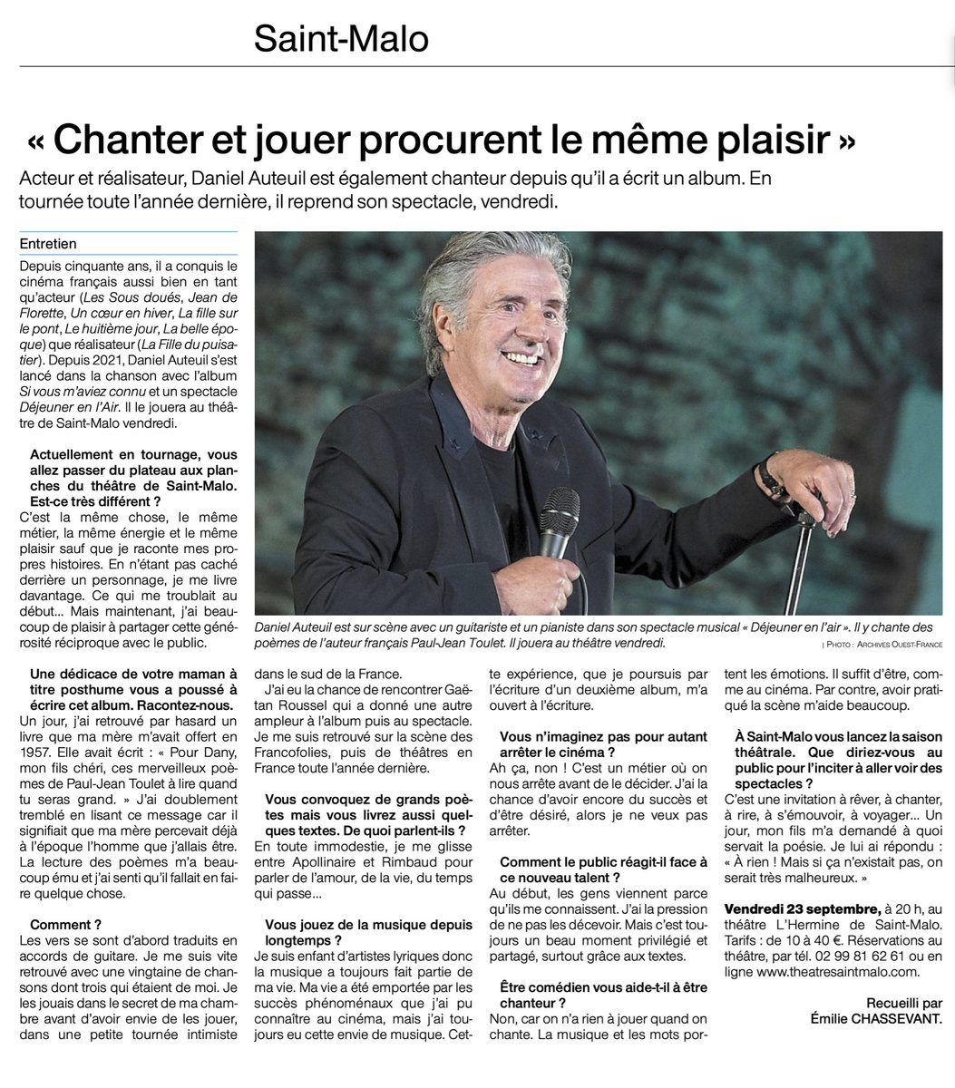 Daniel Auteuil, aujourd'hui dans Ouest-France Saint-Malo et vendredi 23/09 sur la scène du théâtre l'Hermine - Concert à 20h00 ! 
Infos-billetterie bit.ly/3DB3YcH