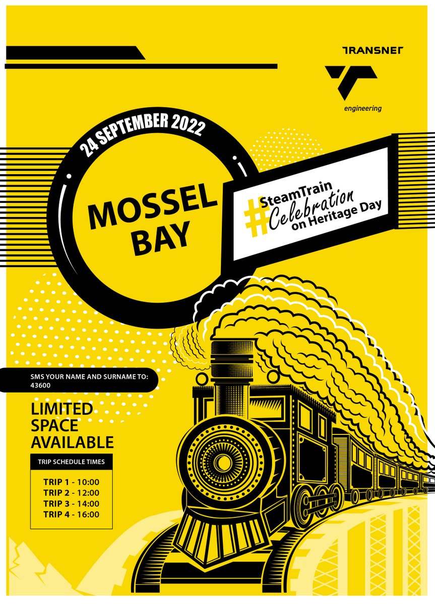 TE_Transnet's tweet image. Ladies and gentlemen, steam train enthusiasts, secure your seat on the #SteamTrainCelebration by following the instructions on the poster.

#transnetengineering
#think_te
#mosselbay