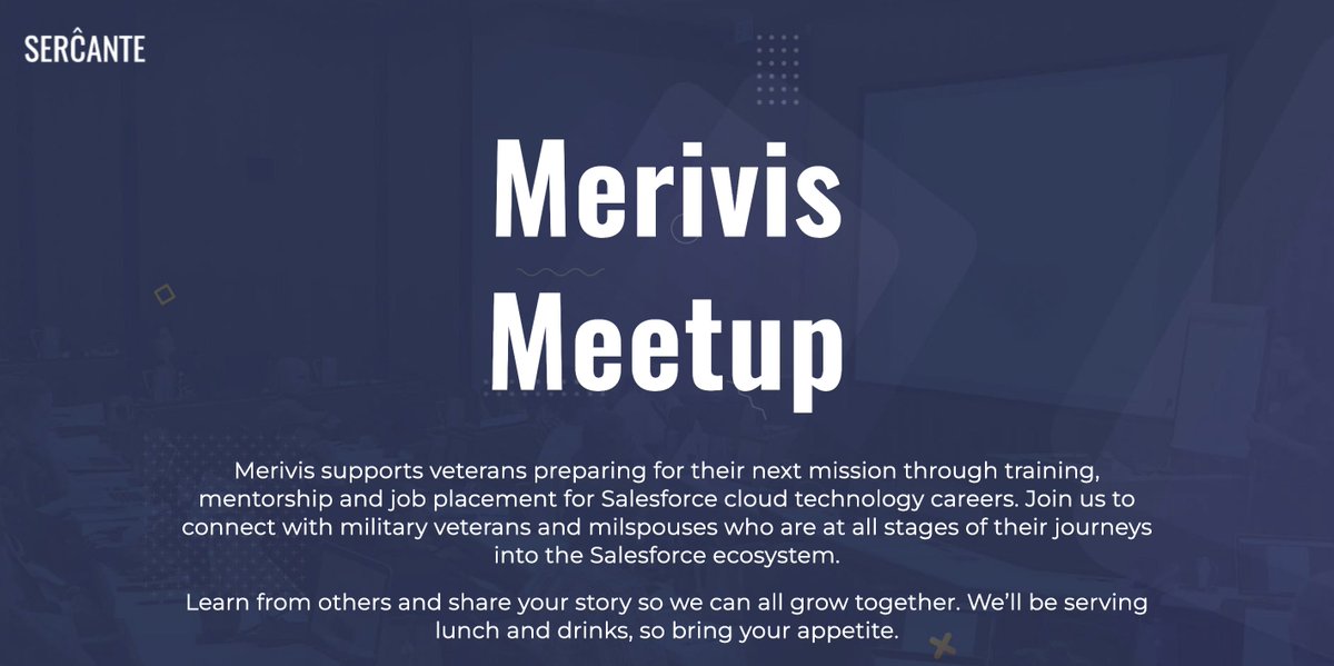 I'm SFO bound for @Dreamforce - be sure to RSVP for Thursday's #DF22 @MerivisVets Meetup hosted by @Sercante - you'll be networking with our grads, volunteers and sponsors plus info on how to get involved with our programs. dreamforce.sercante.com/merivis-meetup/