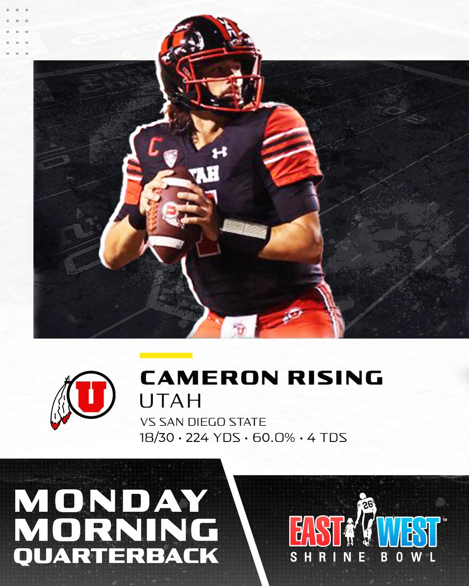 Cameron Rising (@crising7) threw for 2⃣2⃣4⃣ yards and a career-high 4⃣ touchdowns in the 35-7 win against San Diego State. #GoUtes #ShrineBowlMMQB | @Utah_Football