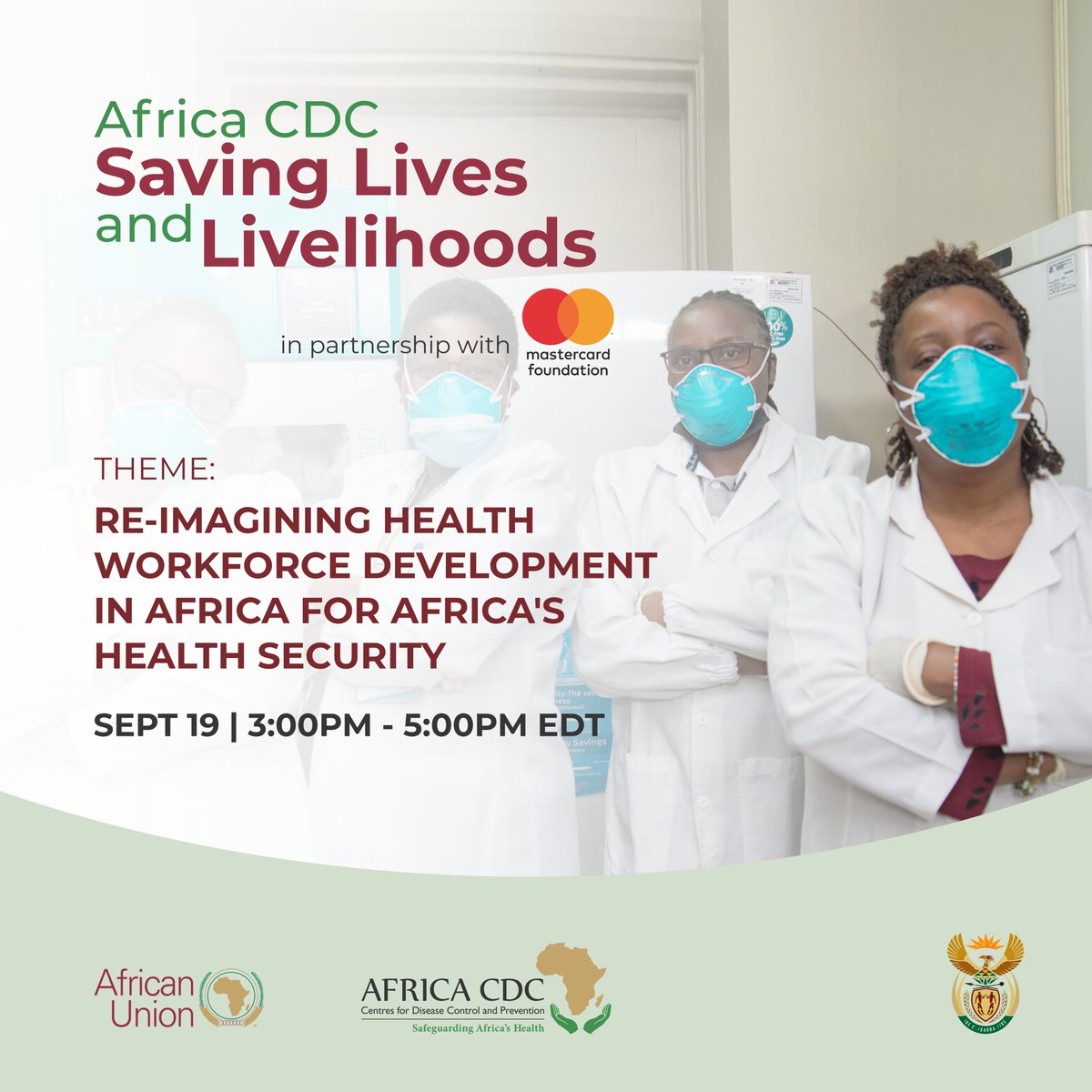 MastercardFdn's tweet photo. Africa’s #NewPublicHealthOrder requires investments in a strong public-health workforce to ensure health security. Hear from key stakeholders on strengthening health workforce development in Africa and the role of action-oriented &amp; respectful partnerships. https://t.co/EYdD5TbHh5 https://t.co/ROB1Sq27er