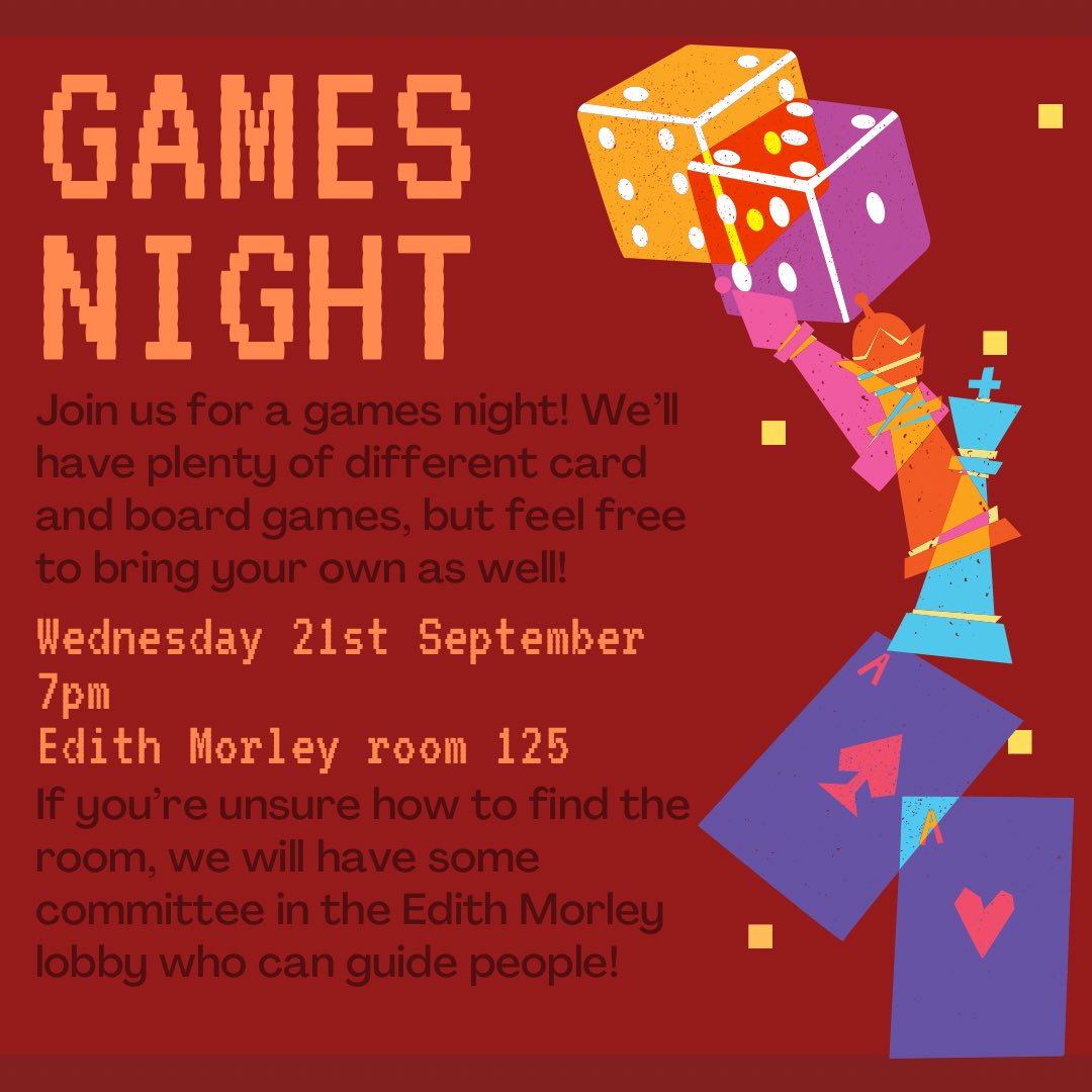 Our first event of the year is on Wednesday! We’ll be in Edith Morley 125 at 7pm for a chill games night!
