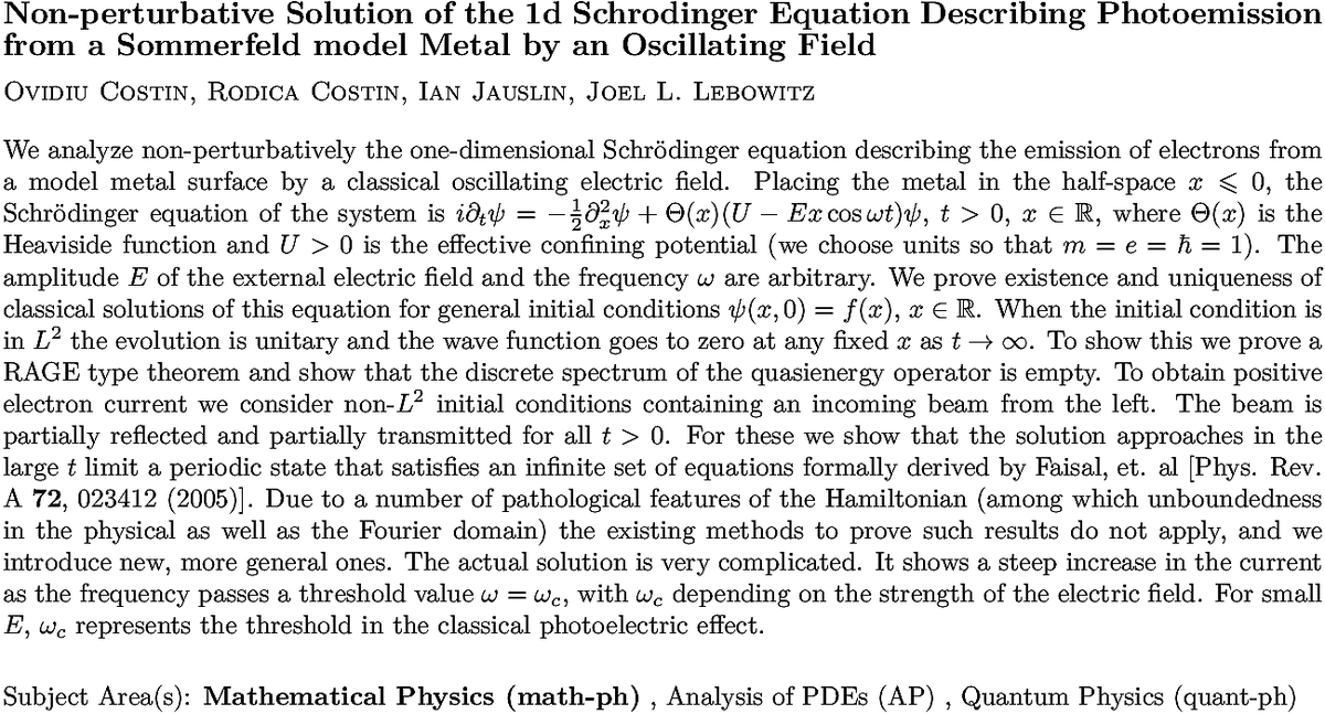 arXiv_math_ph's tweet photo. https://t.co/v18ria0Arh
O Costin et. al.
Non-perturbative Solution of the 1d Schrodinger Equation Describing
  Photoemission from a Sommerfeld model Metal by an Oscillating Field https://t.co/XWpWfpZrMn