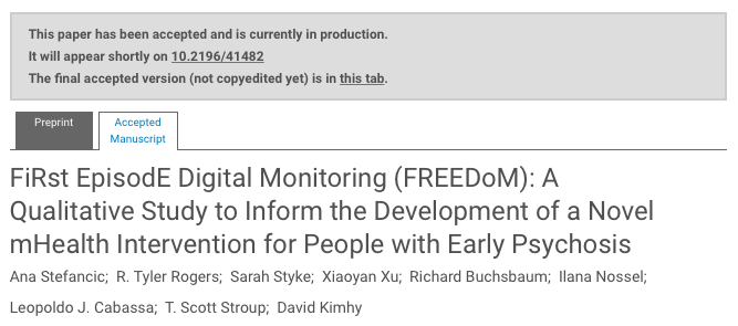 DrDKimhy's tweet photo. I'm pleased to share our new @JMIR_JMH paper describing the FREEDoM app - the 1st #smartphone based #intervention targeting enhancement of shared-decision making &amp; therapeutic relationship in the #treatment of early #psychosis https://t.co/xxahyJrzKq #schizophrenia #mHealth https://t.co/DfogJw0Kxt
