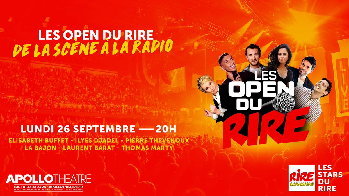 rirechansons's tweet photo. Tentez de gagner vos invitations pour #opendurire du 26 septembre à @APOLLOTHEATRE75 ! Avec @ElisabethBuffet , @ilyesdjadeloff , @LaBajon , @laurent_barat ,@pierrethevenoux, #ThomasMarty ! 👍🏻🍀
Le lien pour participer juste ici : https://t.co/41xNnYYkKl https://t.co/UdMXLIOzNR
