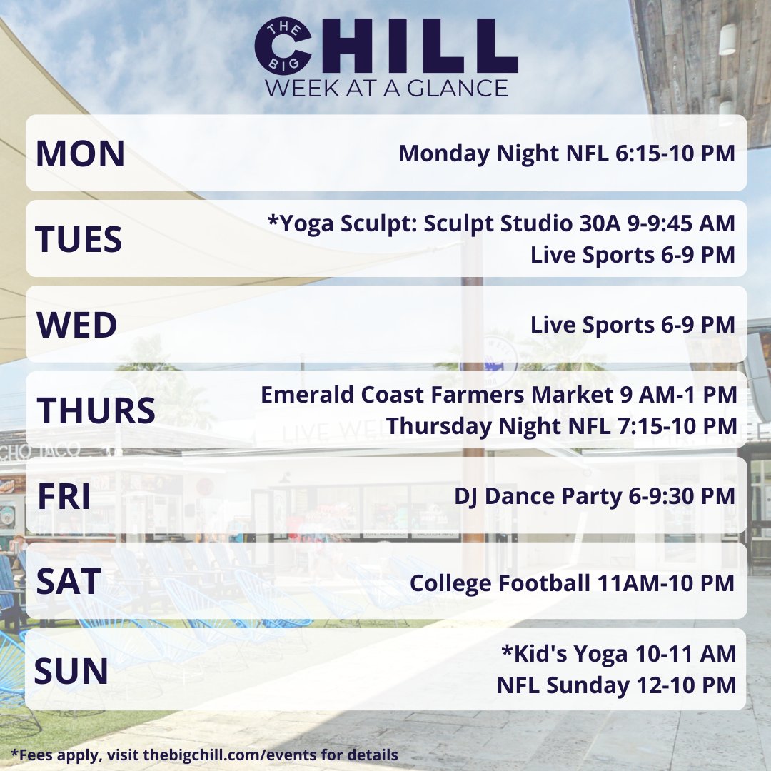 TheBigChill30A's tweet photo. Another week for family fun, football and good food! 🎉 Check out our full event calendar and jumbotron schedule👉 https://t.co/t1Of1Lm0TV

#thebigchill #thebigchill30a #30a #30aeats #30avacation #30avacay #sowal #southwalton #30agetaway #30abeaches #30astyle #hey30a #30aescapes https://t.co/rX5gv4vQoL