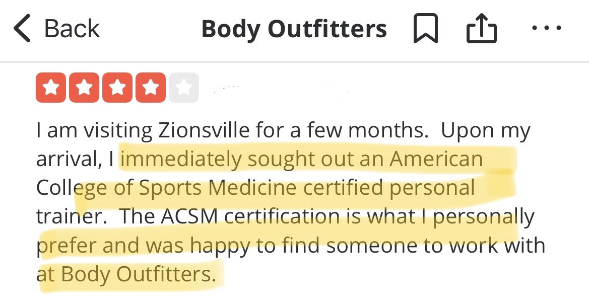 My wife signed up for a strength group program with @BodyOutfitters and loved seeing customers seeking trainers with @ACSMNews certification. ACSM trainers making a difference in this world! 🙌🏽🙌🏽💪🏽 #ACSMcertified