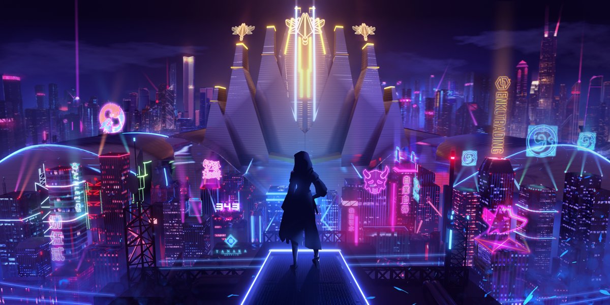 Project_HashNFT's tweet photo. Neon lights above towering buildings reveal the city for its true colours. 

Below shadowed streets hide a battle brewing. Engage to begin your journey into the city. https://t.co/cxhF2F2Zmj