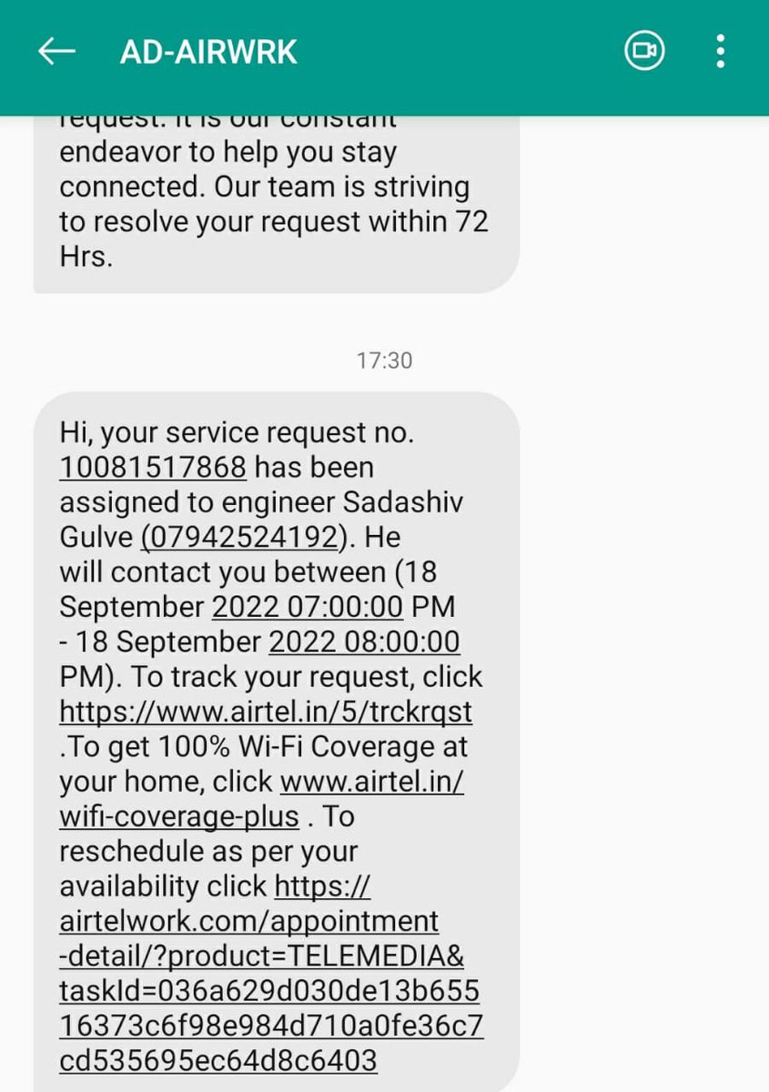 virendraneve's tweet photo. @airtelindia @Airtel_Presence check the quality for service in attached screenshot.. this msg I got today on 19th Sep. to get resolve my issue on 18th Sep. No one interested in customers. https://t.co/5IgAsOgprI