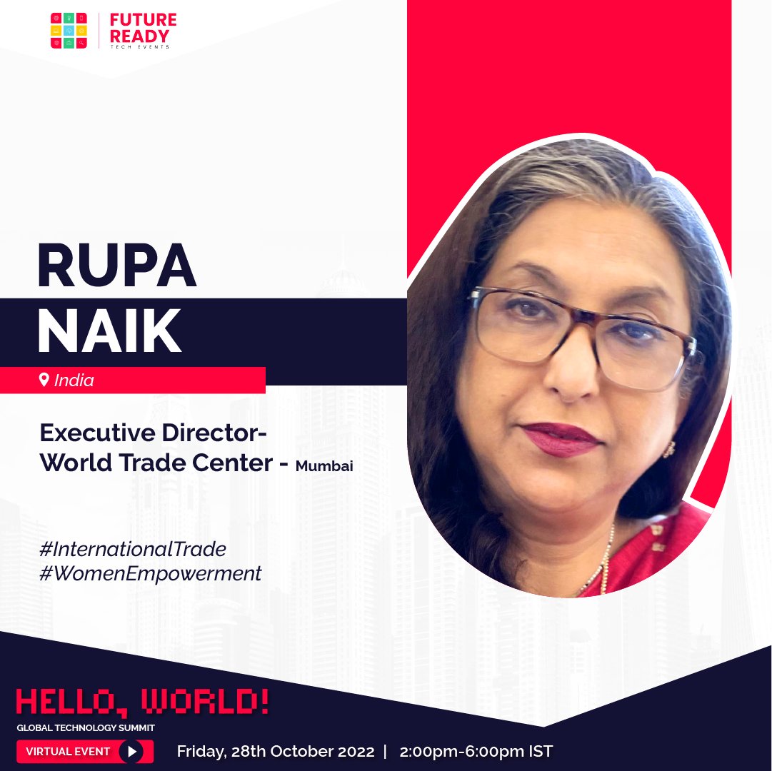 frtechevents's tweet photo. #SpeakerAnnouncement #HW2022
Let's hear it from Rupa Naik, Executive Director - World Trade Center - Mumbai from India.
#InternationalTrade #WomenEmpowerment #AreYouFutureReady #HelloWorld2022 #Technology #GlobalTechSummit https://t.co/c1j0uYcB7x