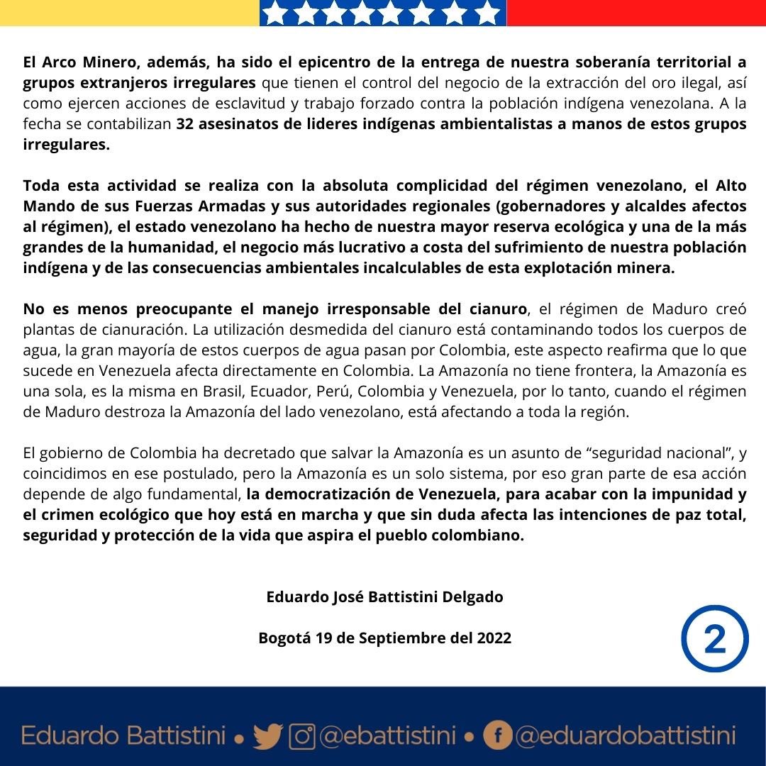En el año 2016 Nicolás Maduro autorizó la explotación de 111.846 km2 de nuestra selva Amazónica que en dimensión es más grande que Portugal, tres veces el tamaño de Bélgica o sesenta y tres veces el tamaño de la ciudad de Bogotá. Así es la dimensión de este desastre ecológico.