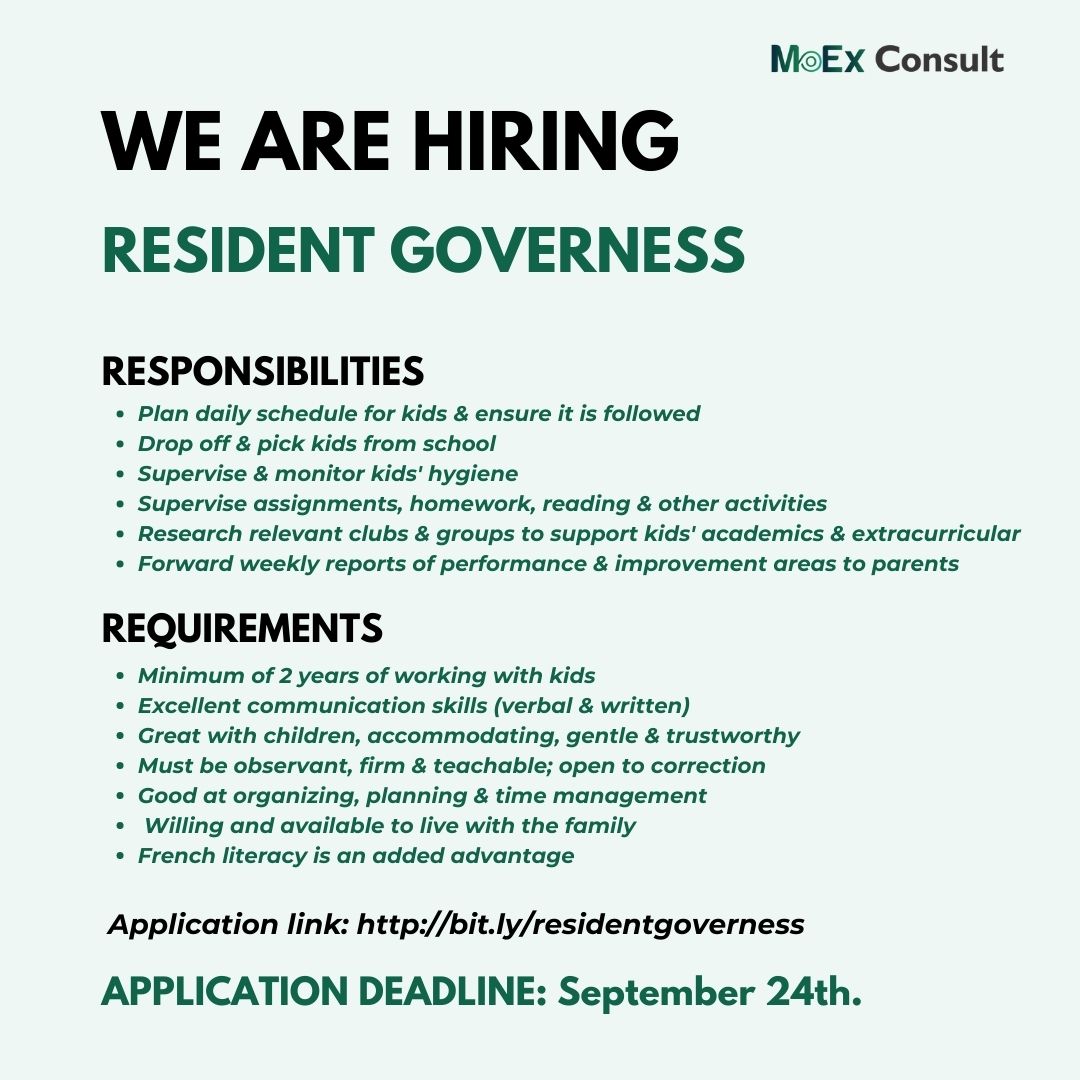 Urgent Recruitment: We are looking to hire a Governess for a family in Ibadan. Qualified candidates are to apply using the link below latest by the 24th of September.
bit.ly/residentgovern…

#hiring #moexconsult #recruiting #ASUU #ibadanjobs #ibadan