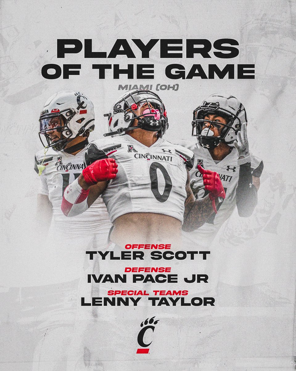 Players of the Game vs. Miami (OH): ▪️Offense: @Tylerscott21_ ▪️Defense: @ivan_pacejr ▪️Special Teams: @GetLiveLT_11 #Bearcats | #TEAM