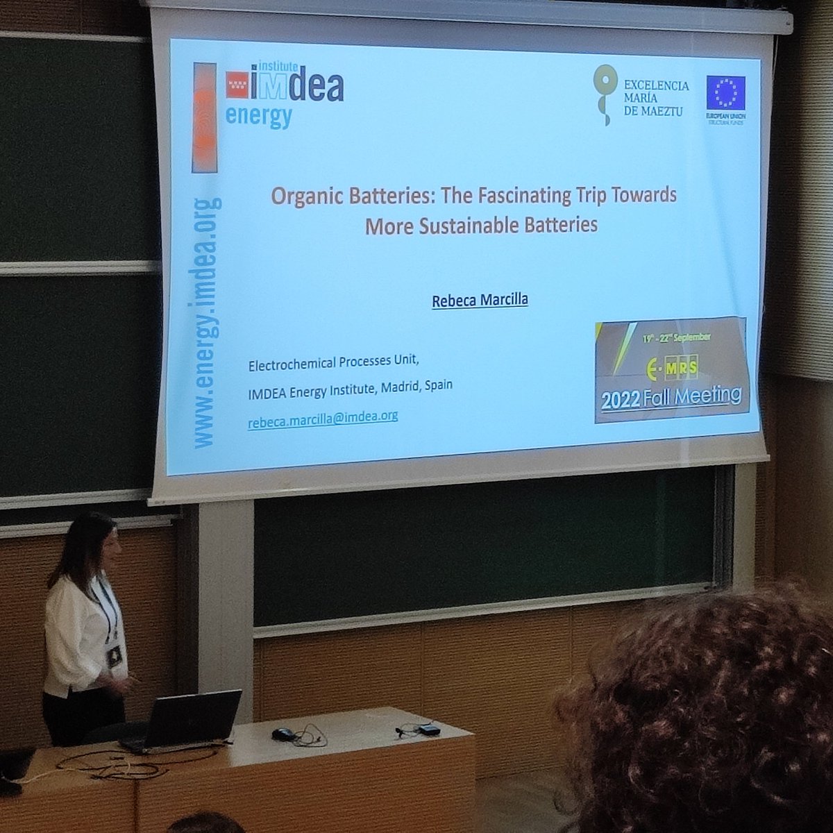 BildirirH's tweet photo. Rebeca Marcilla from @EcpuEnergy @IMDEAEnergia giving her talk on Organic Batteries #EMRSfall @polystorage_etn https://t.co/WhwQuj3yax