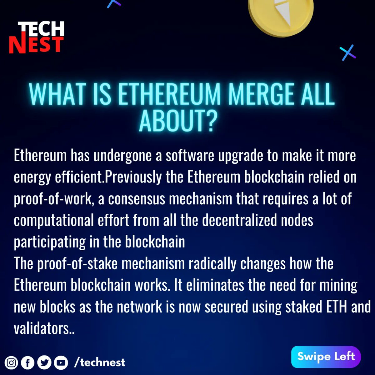 TechNest_india's tweet photo. The proof-of-stake mechanism radically changes how the Ethereum blockchain works. It eliminates the need for mining new blocks as the network is now secured using staked ETH and validators. https://t.co/S5VQwpkp43