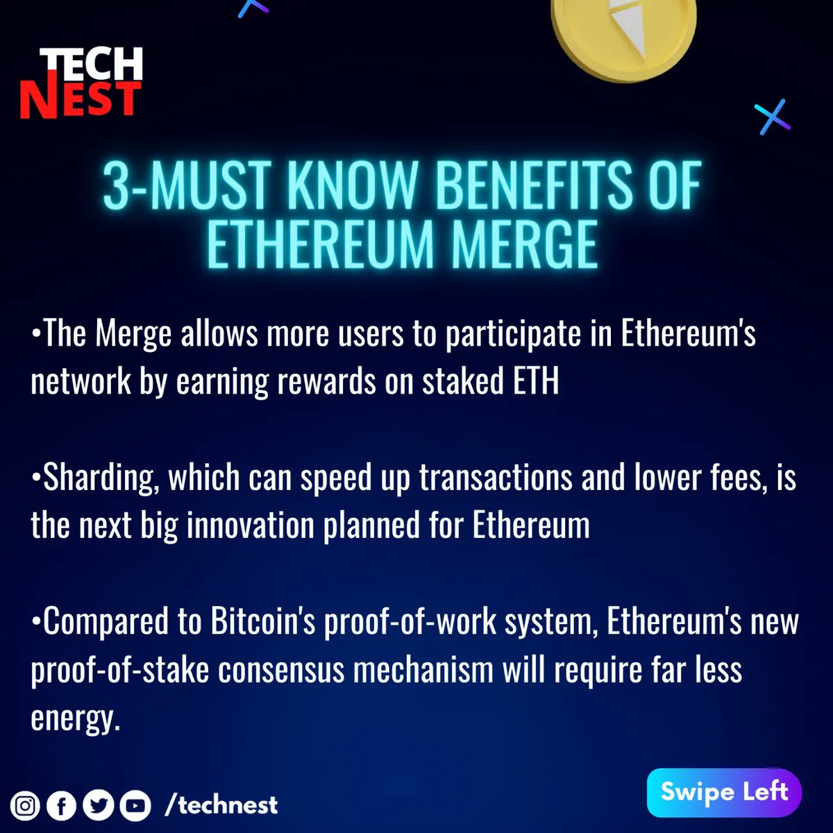 TechNest_india's tweet photo. 3 benefits
•The Merge allows more users to participate in Ethereum's network by earning rewards on staked ETH

•Sharding, which can speed up transactions and lower fees, is the next big innovation planned for Ethereum

•New proof-of-stake mechanism will require less energy. https://t.co/aEDdxvu40Y