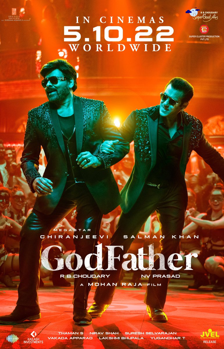 SC_PRODUCTIONS_'s tweet photo. #GodFather coming this #Dussehra, MegaStar @KChiruTweets and @BeingSalmanKhan with #Nayanthara is all set to Rock the #cinemas with Super #Action🔥🔥.

Mark the Date - 5th October, 2022. 

@SuperGoodFilms_ @KonidelaPro @ProducerNVP @jayam_mohanraja @ActorSatyaDev @jaiviratra https://t.co/AOFhZvYMeV
