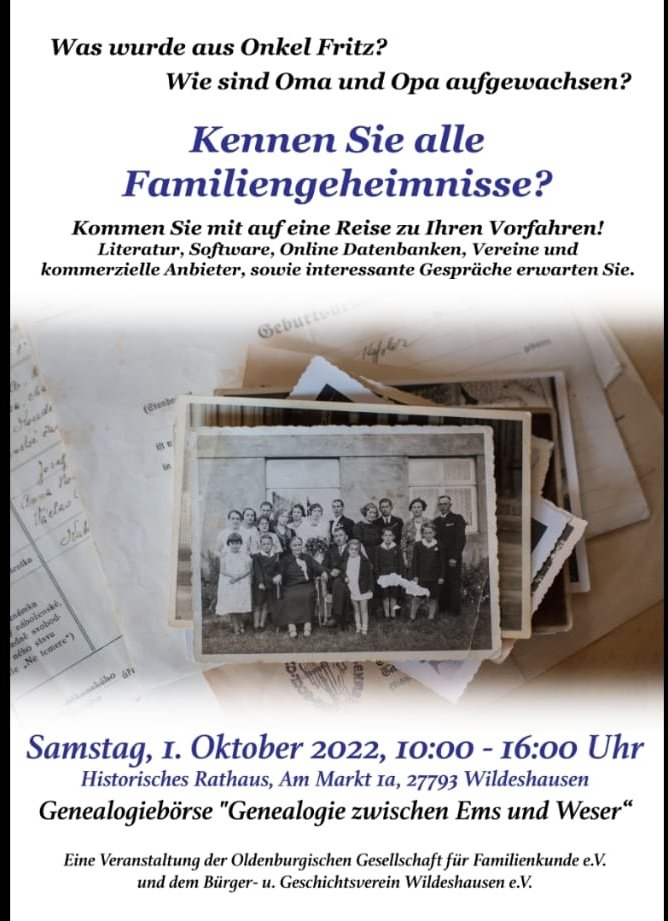 ArchionDE's tweet photo. VERANSTALTUNGSTIPP
Genealogiebörse - Genealogie zwischen Ems und Weser
Samstag, 1. Oktober 2022, 10-16 Uhr in Wildeshausen
Das Archion-Team wird mit einem Informationsstand dabei sein und wir freuen uns auf viele Gespräche und Begegnungen mit Ihnen.

@ogf_ahnen https://t.co/lrFK9VAfNO