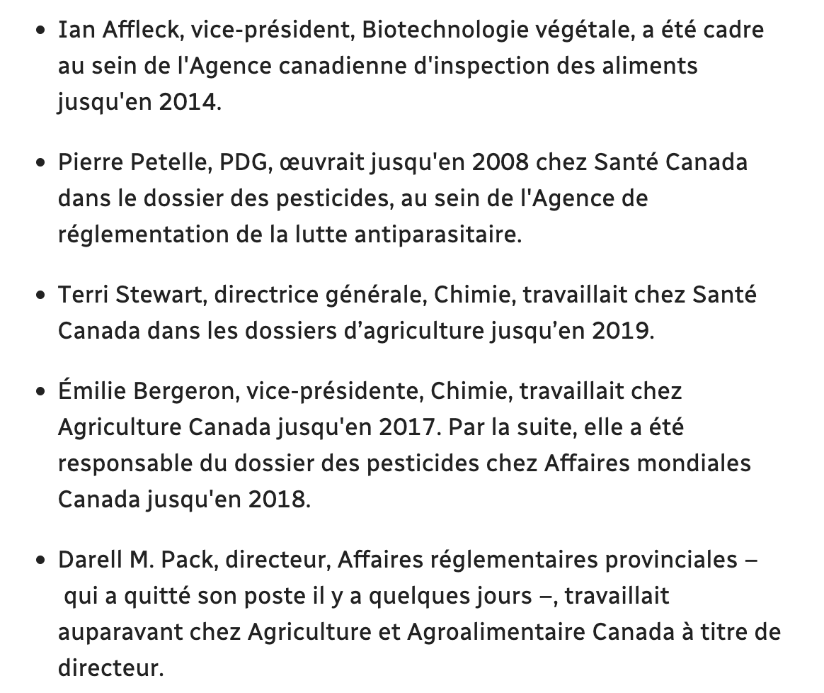 ThomasGerbet's tweet photo. Le lobby CropLife Canada qui représente les intérêts des compagnies de semences, pesticides, engrais et fertilisants, comme Bayer, compte parmi ses cadres plusieurs ancien fonctionnaires qui oeuvraient sur ces dossiers au gouvernement fédéral. Contexte : https://t.co/ZT2Ky3c0vL https://t.co/b6OhnY2qGE