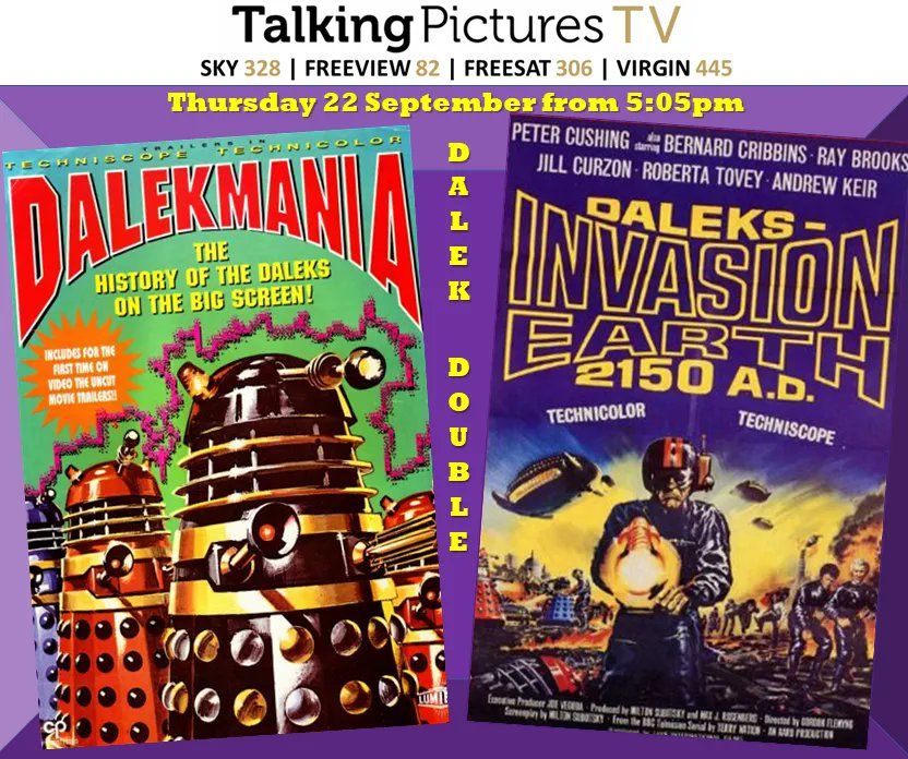 TalkingPicsTV's tweet photo. This Thursday! (22-Sept) an exterminating dalek double on #TPTV
5:05pm DALEKMANIA (1997) & 6:20pm DALEKS INVASION EARTH 2150AD (1966) #TPTVsubtitles Be there or be exterminated!! https://t.co/AiQmmDdmzq