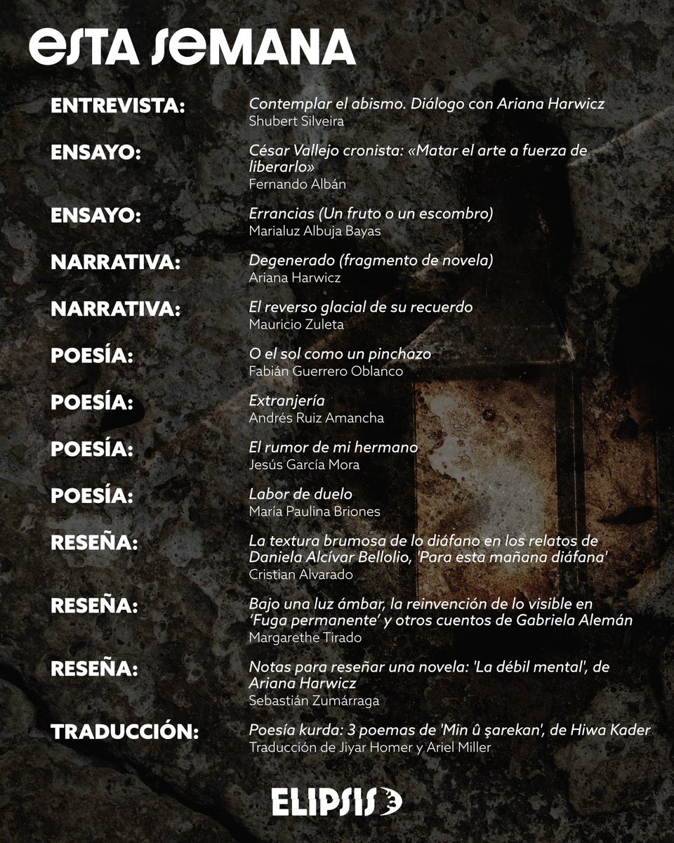 elipsisec's tweet photo. https://t.co/XH1TQMhssY
Diálogo con Ariana Harwicz, por Shubert Silveira
Marialuz Albuja Bayas
Fernando Albán
Ariana Harwicz
Mauricio Zuleta
María Paulina Briones
Jesús García Mora
1/2 https://t.co/WjA4Q4sEBZ
