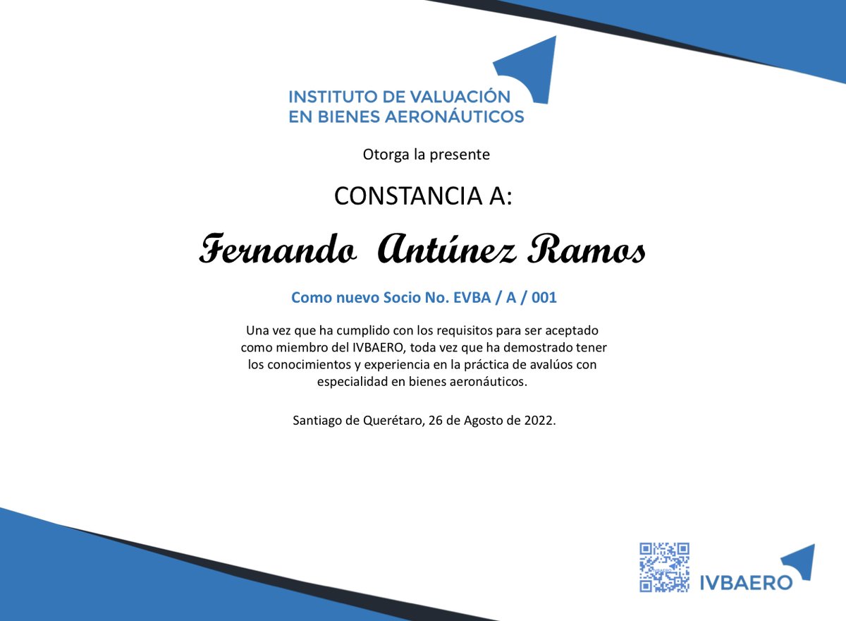 ivbaero's tweet photo. Le damos la Cordial Bienvenida al Instituto de Valuación de Bienes Aeronáuticos a nuestro compañero y nuevo socio E.V.B.A. Fernando Antúnez Ramos.
Con Domicilio : MORELOS MÉX.
E.V.B.A. (Especialista en Valuación de Bienes Aeronáuticos)
BIENVENIDOS ¡¡¡¡¡¡¡¡¡¡. #ivbaero https://t.co/syPz3XyvpX