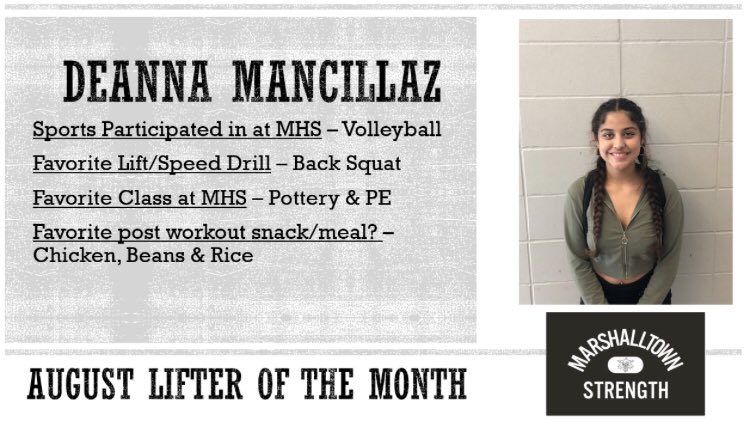 MarshalltownSc's tweet photo. August lifter of the month is Deanna Mancillaz! Deanna does a fantastic job with her training, she’s passionate about the weight room. She has a great work ethic and she makes those around her better. Good job Deanna! #HaveIntent https://t.co/Yjxz5snASD