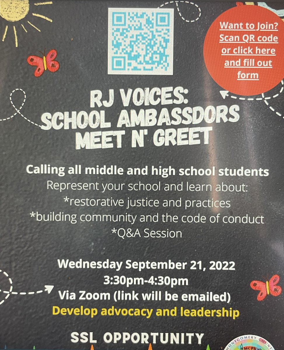 MCPS_RA's tweet photo. Calling all middle and HS students! Join MCPS Restorative Justice Voices Meet N' Greet on Wed. Sept. 21st 3:30-4:30pm via zoom.  Learn about restorative justice, ways to support student wellness and more! Use the QR Code to sign up! https://t.co/kVgvpo6uek