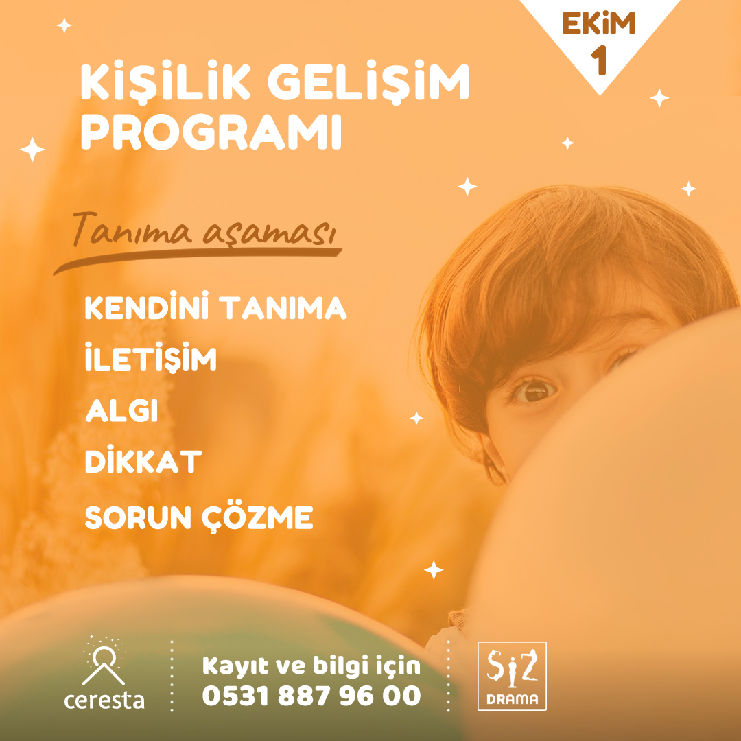 Alanında yetkin, deneyimli eğitimciler, yaratıcı drama liderleri ve psikologlar tarafından hazırlanan “Kişilik Gelişim Programı” 1 Ekim’de Ceresta’da yeniden başlıyor.
Kayıt ve bilgi için arayınız; 0531 887 96 00
#Ceresta #SizDrama #KişilikGelişimProgramı