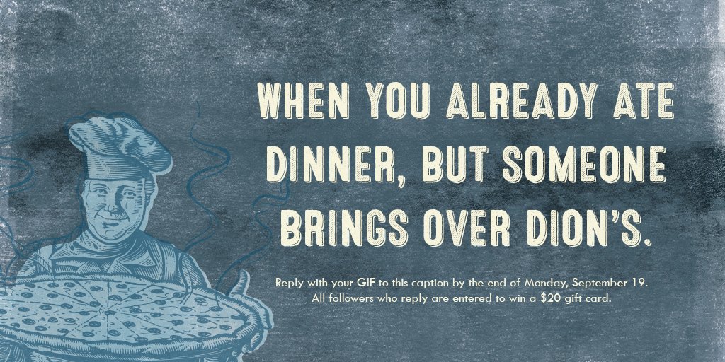 DionsPizza's tweet photo. 🆓🍕Another Monday, another chance to win a $20 GIFt card. 🆓🍕

Reply to this caption with a matching GIF. All followers who reply by the end of the day are eligible to win. https://t.co/0V7ex6CI8X