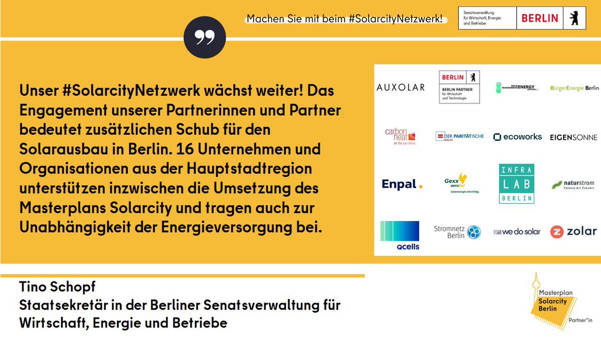SenWiEnBe's tweet photo. Neue Verbündete & zusätzlicher Schub für den #Solarausbau ☀️🏗 in #Berlin!
Wir begrüßen:
@eigensonne
@Gexx_aeroSol
@infralabberlin
#ecoworks GmbH
#WeDoSolar GmbH
und den Paritätischen Wohlfahrtsverband @ParitaetBerlin
im Partnerschaftsnetzwerk für den Masterplan #Solarcity 👏 https://t.co/erjwobQ8rF