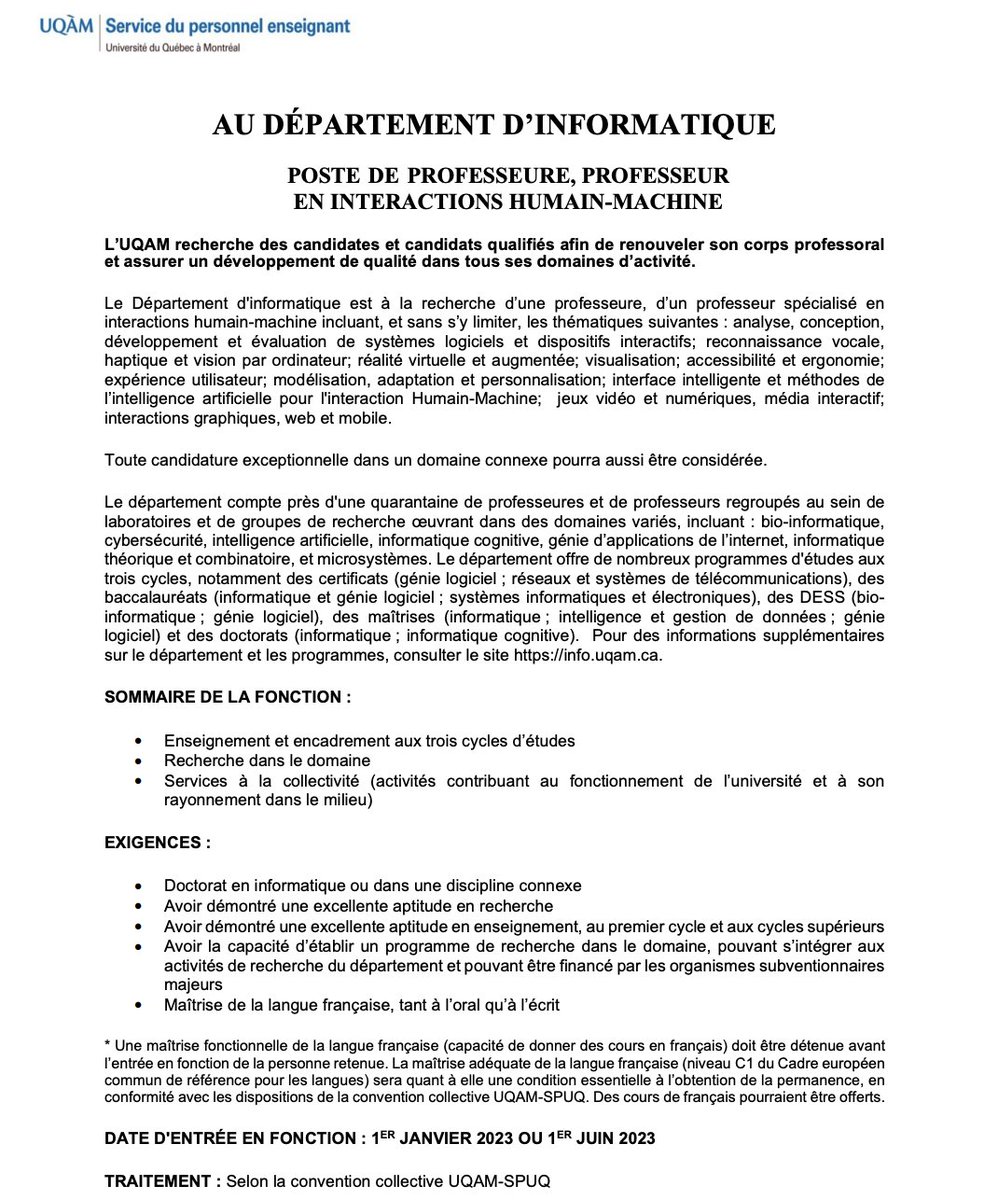 Tenure-track position - Le Département d'informatique de l'<a href="/UQAM/">UQAM | Université du Québec à Montréal</a> est à la recherche d’un-e professeur-e spécialisé-e en interactions humain-machine. Date limite : 28 septembre. Détails du poste : rhu.uqam.ca/AffichageProfs… #computerscience #cogsci #ai #MachineLearning #t