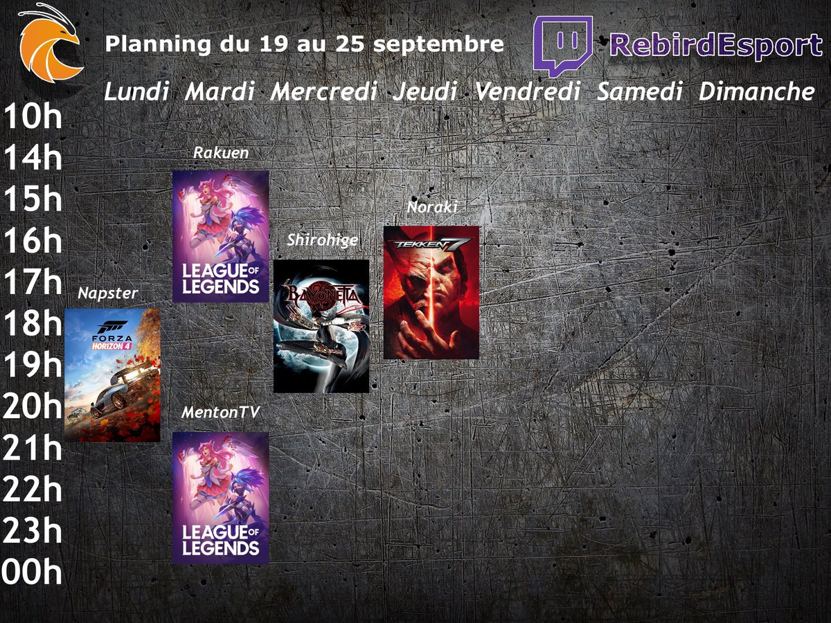 👇 ça se passe ici !👇

Planing streams de la semaine du 19 au 25 🔥

#LeagueOfLegends #Tekken7 #ForzaHorizon4 #Bayonetta3 
🏰🏎🛼🥋

twitch.tv/rebirdesport #Handicap #eSports #twitchfr #stream #TwitchStreamers