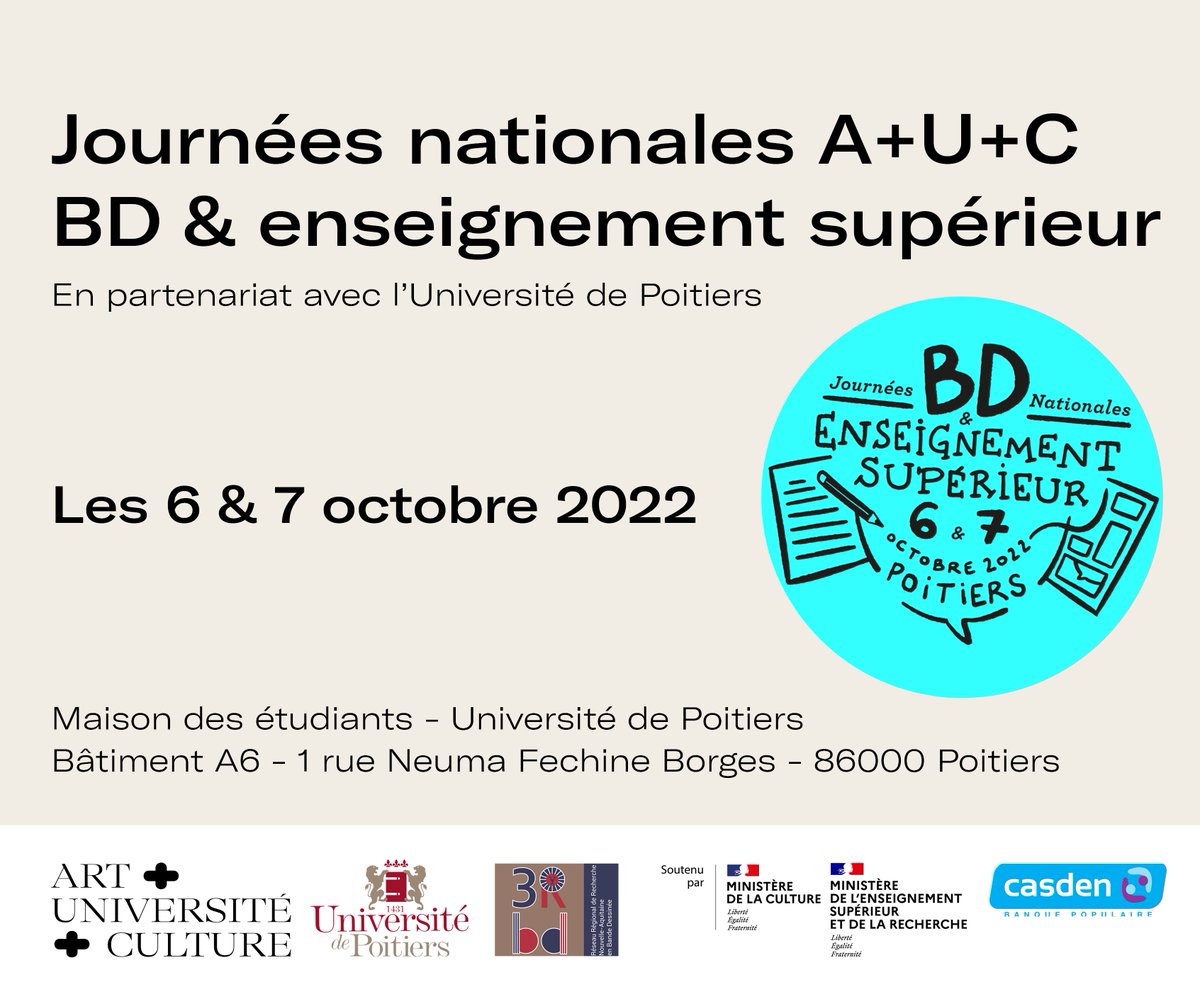 AUC_officiel's tweet photo. Pros de la #culture, #enseignants, #chercheurs et #artistes parleront de la #BD dans l’#actionculturelle de l'#ESR, ses contributions à la valorisation de la #recherche #médiationscientifique #ScienceSociété et ses apports en matière de #pédagogie
+ Infos👉https://t.co/w7BQf27lah https://t.co/wM1xh3om9v