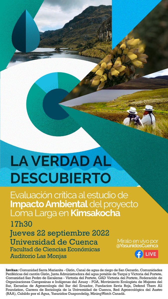 Está semana en #Cuenca se realiza este evento de trascendental impotencia para la defensa del #agua y los #Páramos. Extendemos las más amplia invitación a toda la ciudadanía. #CuencaYaDecidió #QuimsacochaNoSeToca @pedropalaciosu @czamoramatute @LucaPallanca @RoqueOrdone