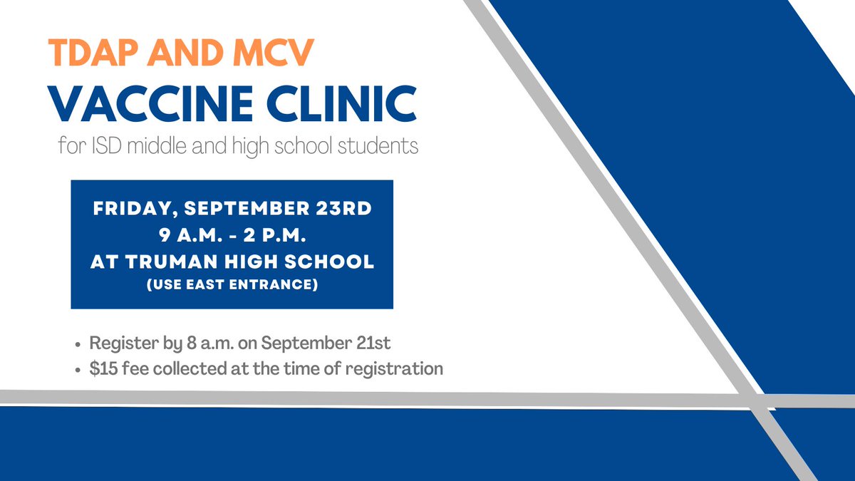 The Independence School District is partnering with the <a href="/CityOfIndepMO/">City of Independence, MO</a> to offer TDAP and MCV vaccines for ISD middle and high school students on September 23rd from 9 a.m. to 2 p.m. at Truman High School. You can find more information and sign up here: ow.ly/XNvo50KJEum