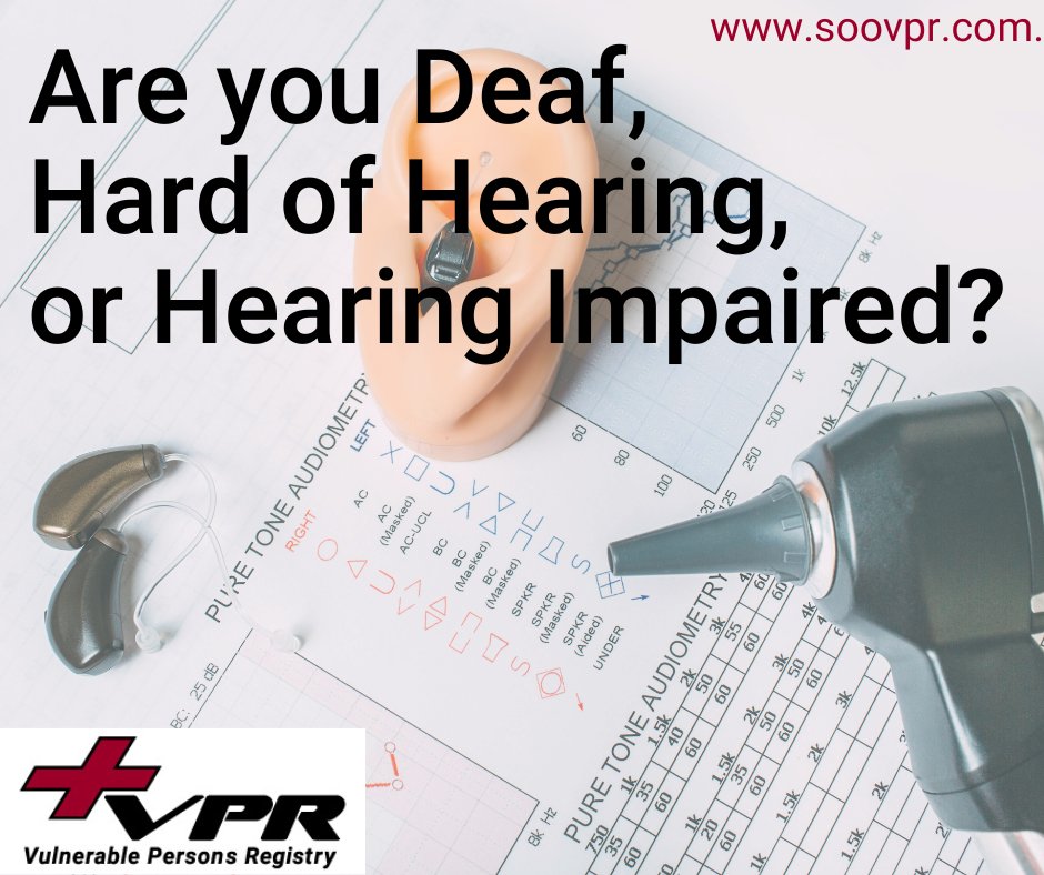 SOOVPR's tweet photo. Hearing impaired, hard of hearing and deafness are just ONE type of vulnerability that qualifies someone for the Vulnerable Persons Registry.
Learn more at https://t.co/td8jwNaQQ0.
#soovpr
#AlgomaVPR
#manitoulinsudburyvpr 
#vulnerablepersonsregistry
 
@cdnhearing https://t.co/cHNQRAxf1u