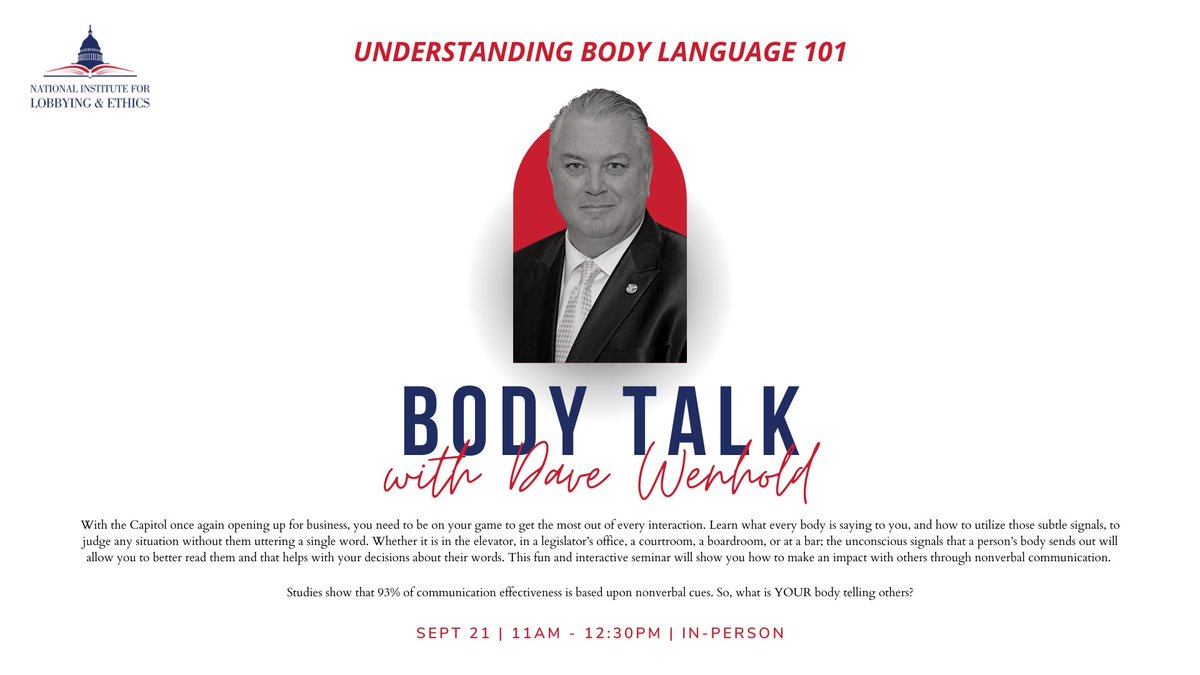 💡 This Wednesday!

Join us for an in-person seminar on body language September 21, 11:00 am - 12:30 pm!

This fun and interactive seminar will show you how to make an impact on others through nonverbal communication.

Register Here: lobbyinginstitute.com/events1