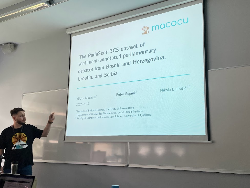 Some of the highlights from the Slovene Language Technologies and Digital Humanities (JTDH 2022) conference: Peter Rupnik, <a href="/MichalMochtak/">Michal Mochtak</a> and <a href="/nljubesic/">Nikola Ljubešić</a> introducing ParlaSent-BCS Dataset of Sentiment-annotated Parliamentary Debates, also available at our repository. #ParlaMint